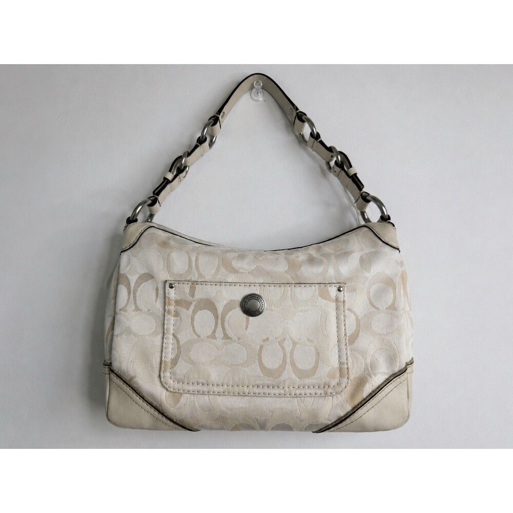 Coach Signature Jacquard Cream Ivory Shoulder Bag Canvas Leather Handbag